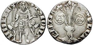 Silver Florin or Popolino (18mm, 1.58 gm). Di Guidingo, Di Borgo and Di Puccio, mint magistrates. Lily of Florence. Around: + FLOR ENTIA John the Baptist standing, oak leaves at sides; star above. Around: * + S IOHANNES Italy, Florence. 1306. CC A-S 2.5