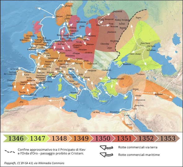 Areas of Plague spread in Europe between 1346 and 1353, based on the maps of Benedictow . Here the correlation between the spread of the disease and existing trade routes is highlighted. See also Benedictow O.J., et al, The origin and early spread of the Black Death in Italy: first evidence of plague victims from 14th-century Liguria (northern Italy), The Anthropological Society of Nippon, 2017