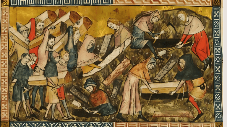 Miniature by Pierart dou Tielt illustrating the Tractatus quartus bu Gilles li Muisit (Tournai, c. 1353). The people of Tournai bury victims of the Black Death. ms. 13076 - 13077 fol. 24v.