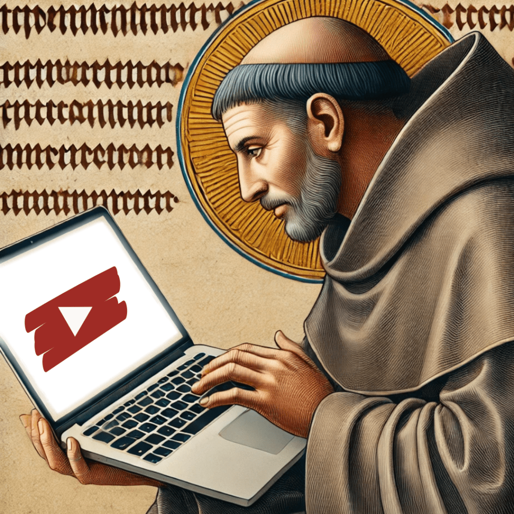 A close-up of aa benedectine monk, kneeling and holding in his hands an open laptop.