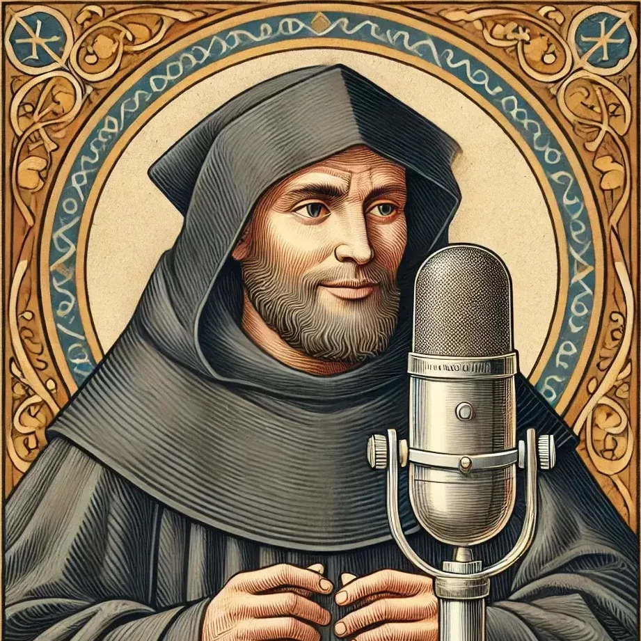 A close-up of a Benedictine monk speaking into a cardioid microphone, depicted in the style of a medieval manuscript. The monk is wearing a dark gray