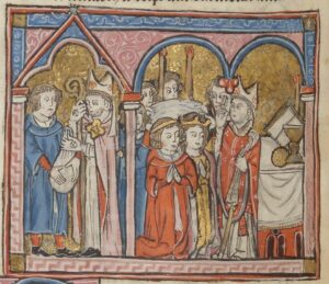 Marriage between Corrado del Monferrato and Isabella of Jerusalem. Guillaume de Tyr, "Histoire de la guerre sainte", BNF Français 2824 f 173v, 13th century.