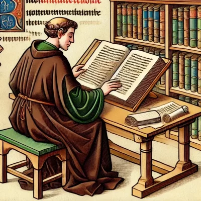 A close-up of a medieval scholar, dressed in traditional robes, sitting at a wooden desk with a thick, ancient tome open in front of him. To his right, a small stack of modern books with colorful, yet subtly detailed covers reminiscent of medieval designs.