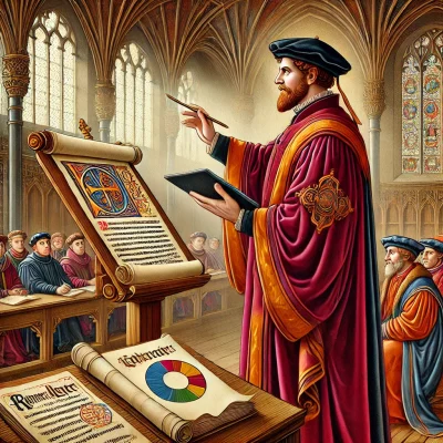 A close-up of a medieval scholar, dressed in academic robes typical of the time, standing at a wooden lectern in a gothic-style hall. The scholar is holding a modern tablet (iPad) while gesturing toward a scroll on the lectern.